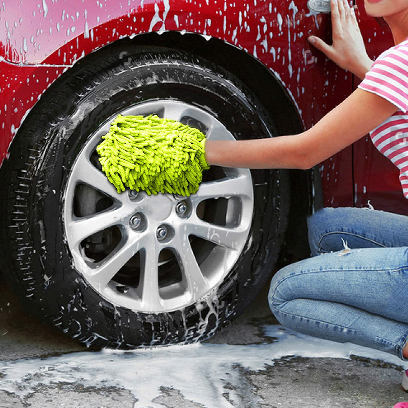 anngrowy Microfiber Car Wash Kit 62” Car Wash Brush + Green Car Wash Mitt