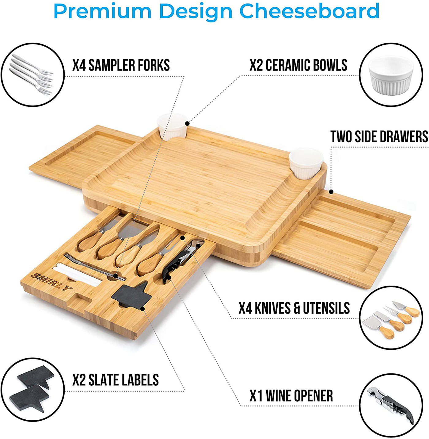 SMIRLY Bamboo Cheese Board and Knife Set: Large Charcuterie Board Set - Wine Meat Cheese Platter - Unique Housewarming Gift for Women, Wedding & Anniversary Gift for Couple, Bridal Shower Gift for Her