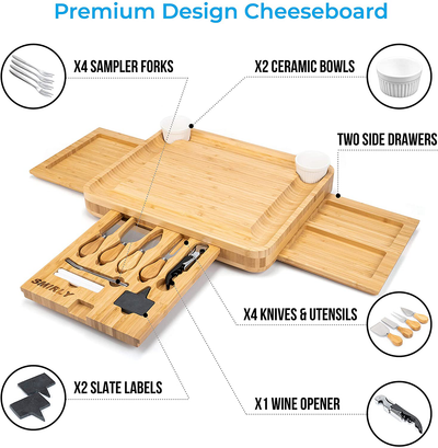SMIRLY Bamboo Cheese Board and Knife Set: Large Charcuterie Board Set - Wine Meat Cheese Platter - Unique Housewarming Gift for Women, Wedding & Anniversary Gift for Couple, Bridal Shower Gift for Her