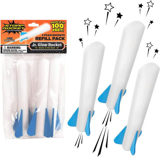 Stomp Rocket The Original Jr. Glow Rocket Refill Pack, 3 Rockets - Glows in The Dark, Outdoor Rocket Toy Gift for Boys and Girls- Ages 3 Years and Up