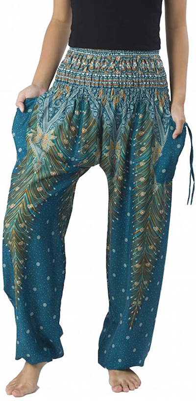 Lannaclothesdesign Women's Smocked Waist Peacock Print Harem Pants Hippie Bohemian Style