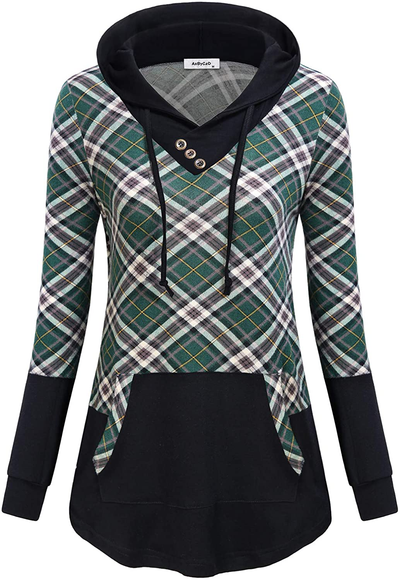AxByCzD Womens Plaid Sweatshirt Long Sleeve Color Block Hoodies with Kangaroo Pocket