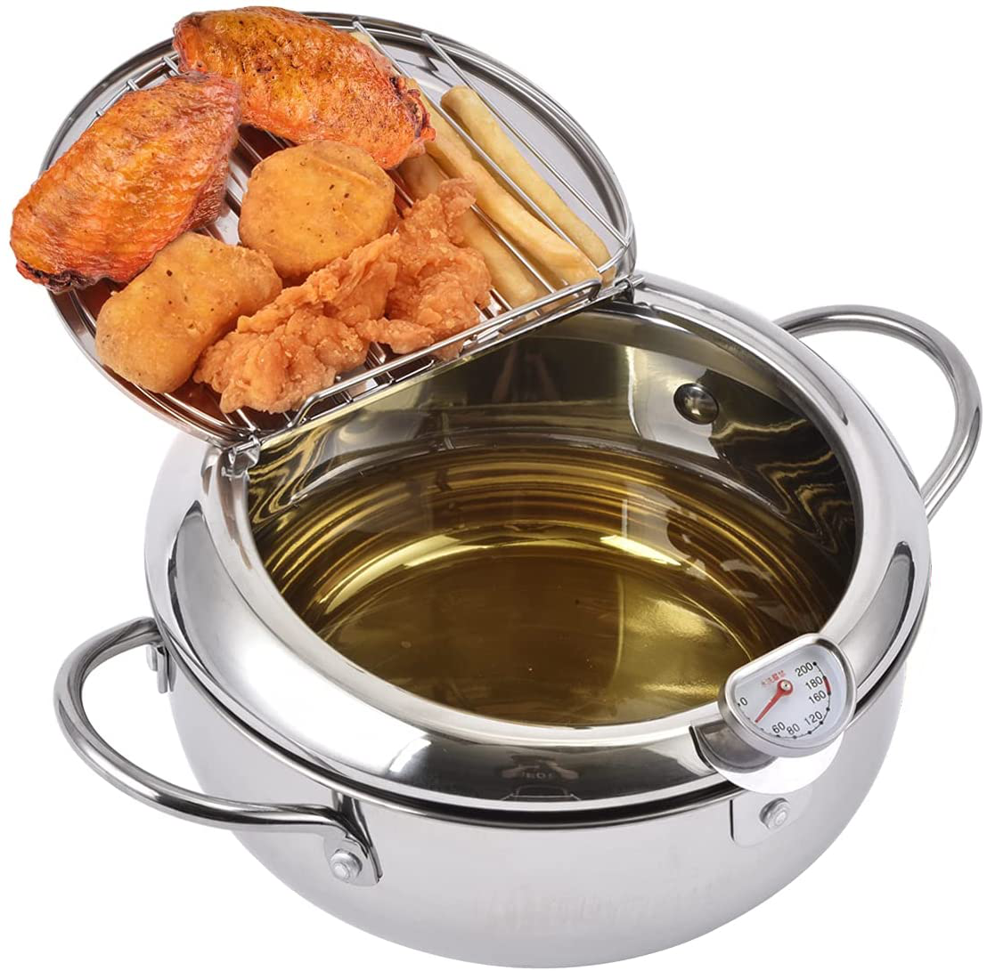 Prodent Deep Fryer Pot,304 Stainless Steel Oil Fryer with Lid,Frying Pot with Thermometer,Deep Frying Pan for Kitchen French Fries,Fish and Shrimp(7.9inch,silver)