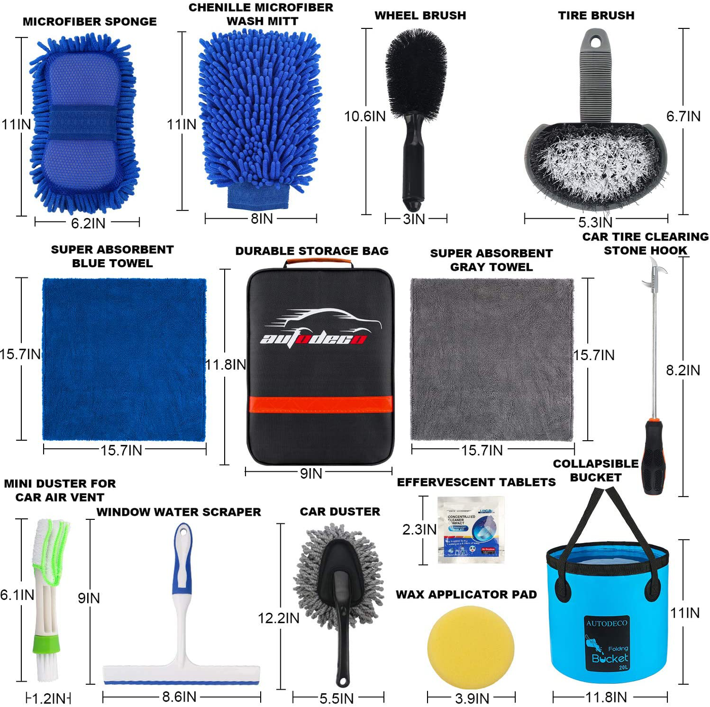 AUTODECO 22Pcs Car Wash Cleaning Tools Kit Car Detailing Set with Black Canvas Bag Collapsible Bucket Wash Mitt Sponge Towels Tire Brush Window Scraper Duster Complete Interior Car Care Kit