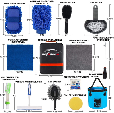 AUTODECO 22Pcs Car Wash Cleaning Tools Kit Car Detailing Set with Black Canvas Bag Collapsible Bucket Wash Mitt Sponge Towels Tire Brush Window Scraper Duster Complete Interior Car Care Kit