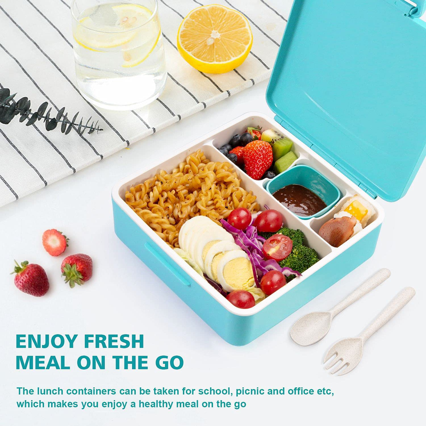 ECHTPower Bento Box, 1.3L Lunch Box with Handle Outer Box for Kids Children, Leak-Proof Lunch Containers with 4 Compartments, Extra Sauce Cup, Cutlery,Food-Safe Materials,Microwave and Dishwasher Safe