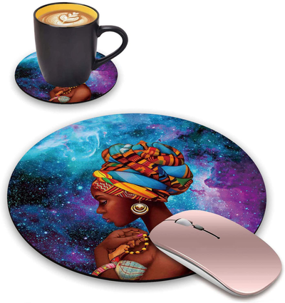 ChaTham Round Mouse Pad with Coasters Set, Blue Purple Galaxy African Women Mouse Pad, Non-Slip Rubber Base Round Mouse Pads for Laptop Compute Working Home Office Accessories