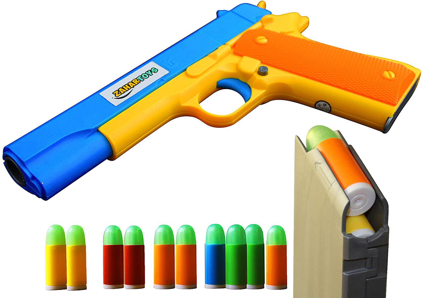 ZAHAR Toys - Realistic Size Toy Gun - Colt 1911 - 10 Colorful Soft Bullets - Ejecting Magazine - Slide Action Barrel – Training, Cosplay, Play – Toy Guns M1911 - Pistol with Soft Bullets
