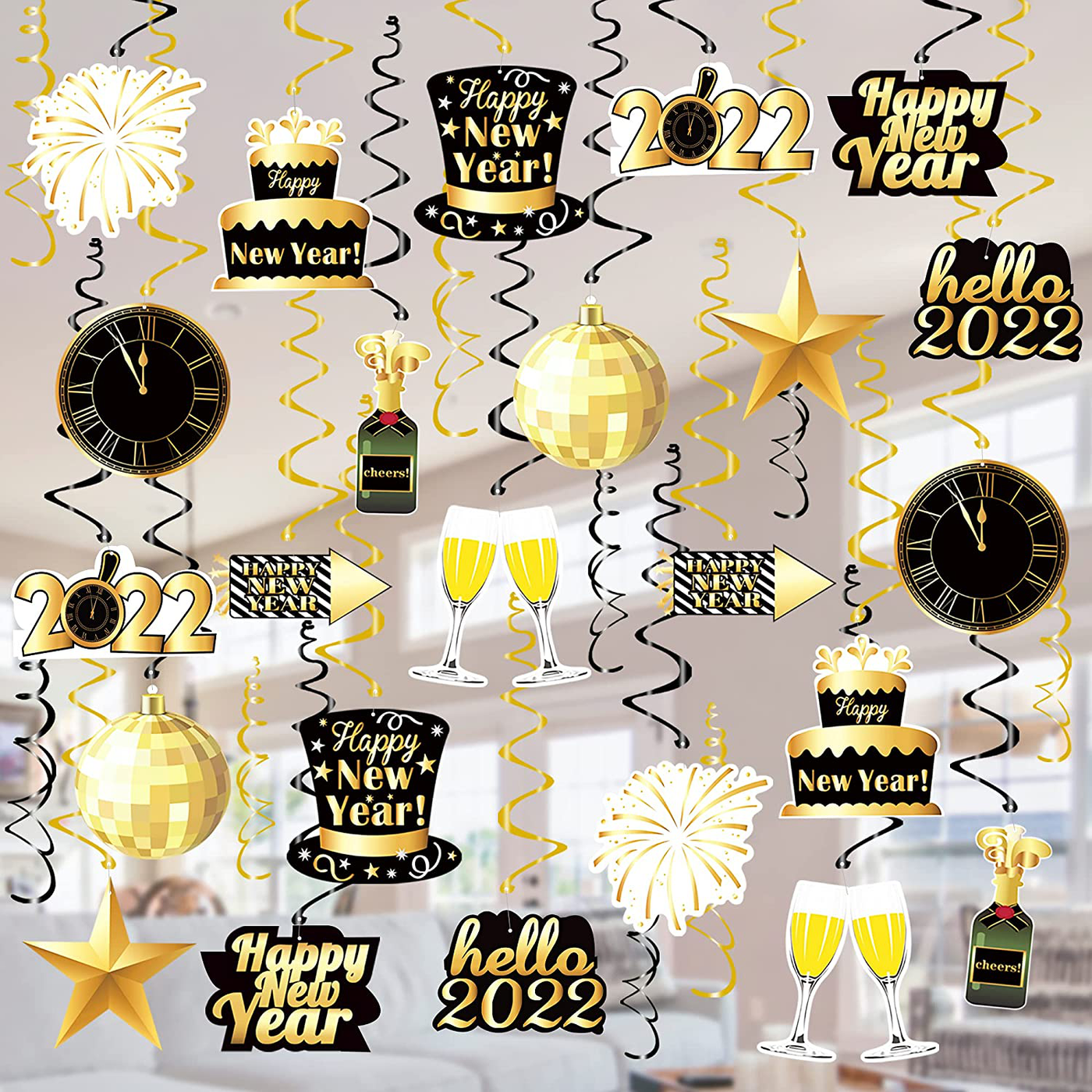 Tifeson 36 Pcs Happy New Year Decorations Hanging Swirls - Happy New Year Decorations 2022 - New Year's Eve Party Decorations Supplies 2022 for Home Office Ceiling (Black and Gold)