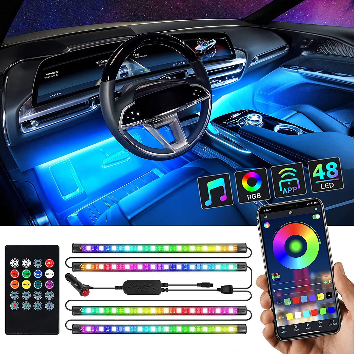 Interior Car Lights, Ropelux Car Led Lights 4pcs , Led Light Strips for Cars with App and Remote Control, Music Sync, Upgrade 2-In-1 Design, Waterproof Under Dash Lighting Kit with Car Charger, Dc 12v