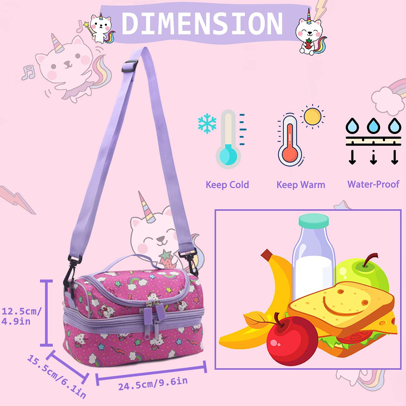 Lunch Bag for Girls,ChaseChic Insulated Lunch Boxes Bag for Kids Lightweight Lunch Organizer Leak-Proof Cooler Bag in Dual Compartment with Detachable Adjustable Shoulder Strap 3-18Years,Pink Cat