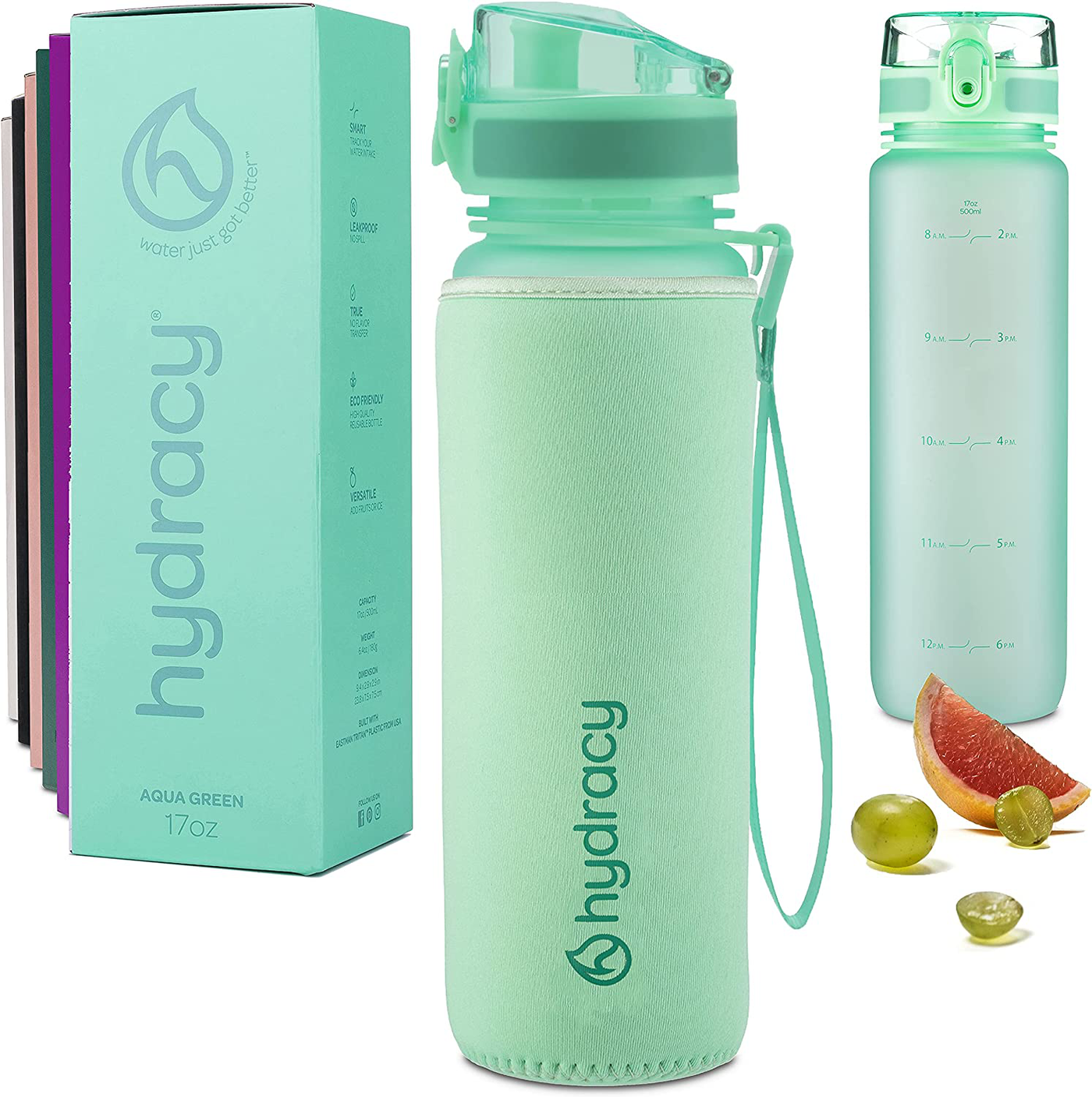 Hydracy Water Bottle with Time Marker - 500 ml 17oz BPA Free Water Bottle -Leak Proof & No Sweat Gym Bottle with Fruit Infuser Strainer -Ideal Gift for Fitness, Sports & Outdoors - Berry Blue