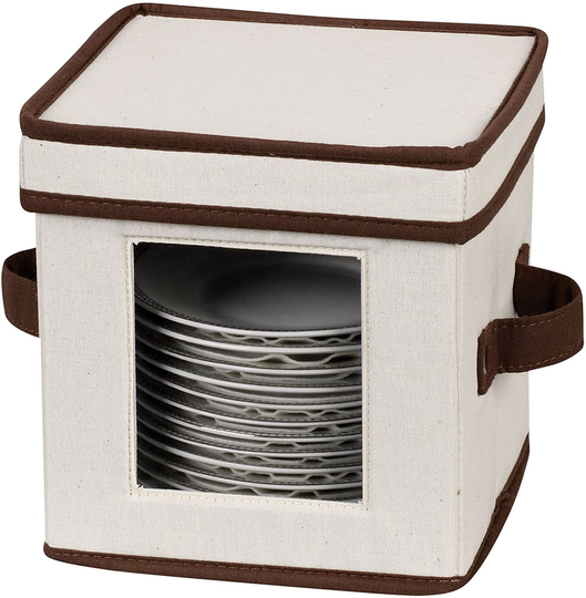 Household Essentials Natural 530 Dinnerware Box with Lid and Handles | Storage Bin for Small Saucer Plates Canvas with Brown Trim