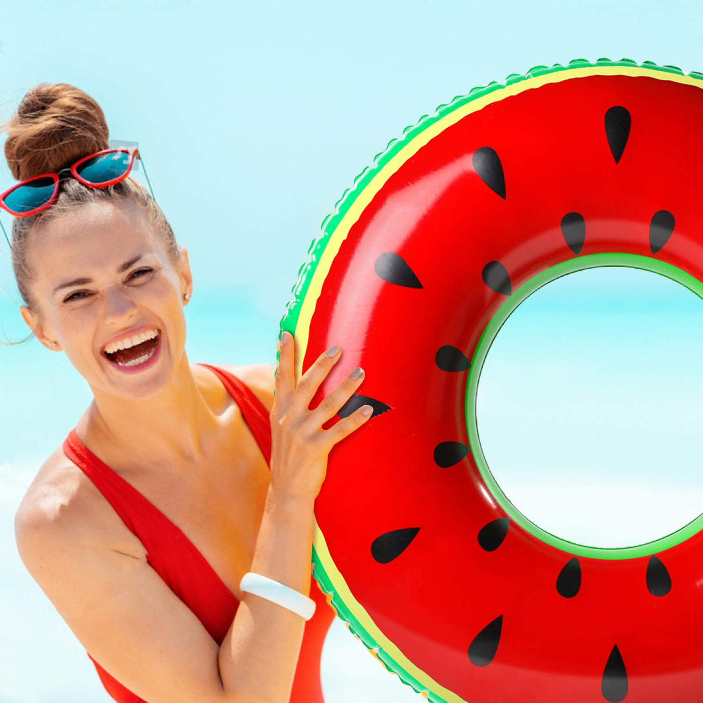 KIDPAR 4 Pcs Pool Floats for Adults Kids with 2 Pcs Cup Holders,Inflatable Large Fruit Swimming Tubes Rings Rafts for River Tubing Games,Summer Outdoor Fun,Beach Toy Lake Time 33 Inches