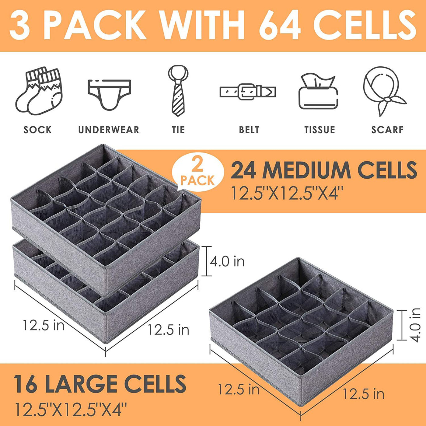 3 Pack Sock Underwear Organizer Dividers, 64 Cell Fabric Foldable Cabinet Closet Organizers and Storage Boxes for Storing Socks, Underwear, Ties (16+24+24 Cell, Black)
