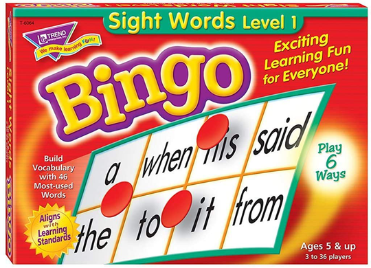 Sight Words Bingo - Language Building Skill Game for Home or Classroom Build Vocabulary with 46 Most-Used Words, 3 - 36 players, Age 5 and up