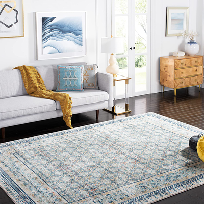 Safavieh Brentwood Collection BNT899M Traditional Oriental Distressed Non-Shedding Stain Resistant Living Room Bedroom Area Rug, 6'7" x 6'7" Square, Blue / Yellow