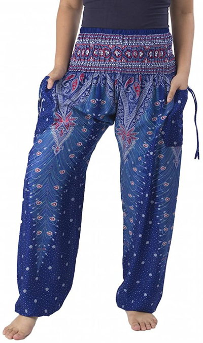 Lannaclothesdesign Women's Smocked Waist Peacock Print Harem Pants Hippie Bohemian Style