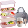 Bento Box for Kids Lunch Boxes Adults 3-In-1 Meal Prep Container, 900ML Janpanese Lunch Box with 3 Layer Compartment, Wheat Straw, Leak-proof, Spoon Fork, Lunch Bag with Soup Cup, BPA-free, Pink