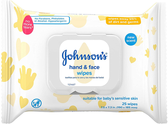Johnson's Baby Hand & Face Baby Sanitizing Cleansing Wipes for Travel and OnTheGo, No More Tears Formula, Paraben and Alcohol Free, White, 25 Count