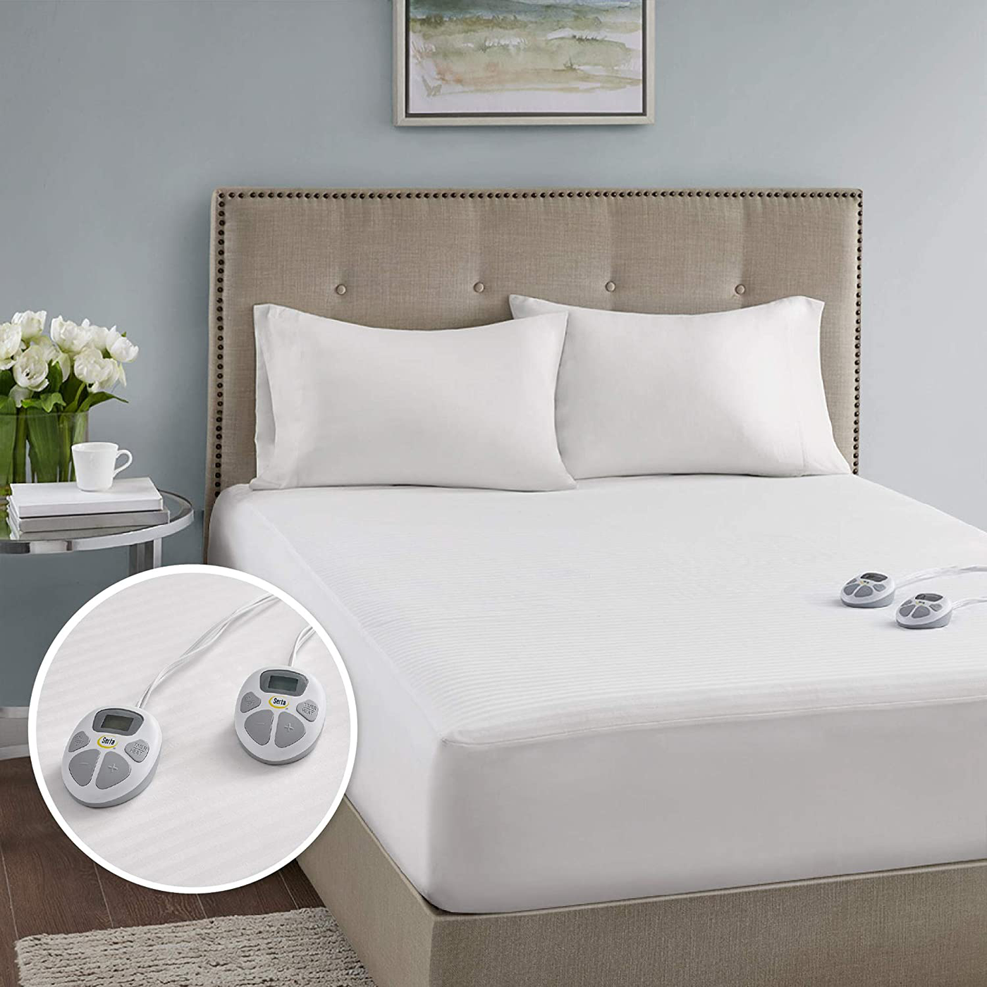 Serta Waterproof Mattress Pad-Cotton Blend Electric Bed Warmer with 10 Heat Settings Controller Zero Radiation, Auto Shut Off, 18" Deep All Around Elastic Pocket, Cal King, White