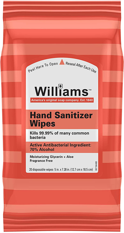 Hand Sanitizer Wipes by Williams, Antibacterial, Kills 99.99% of Common Bacteria, 70% Alcohol, With Moisturizing Gylcerin + Aloe, Fragrance Free, Keeps Hands Clean On The Go, 20 Wipes