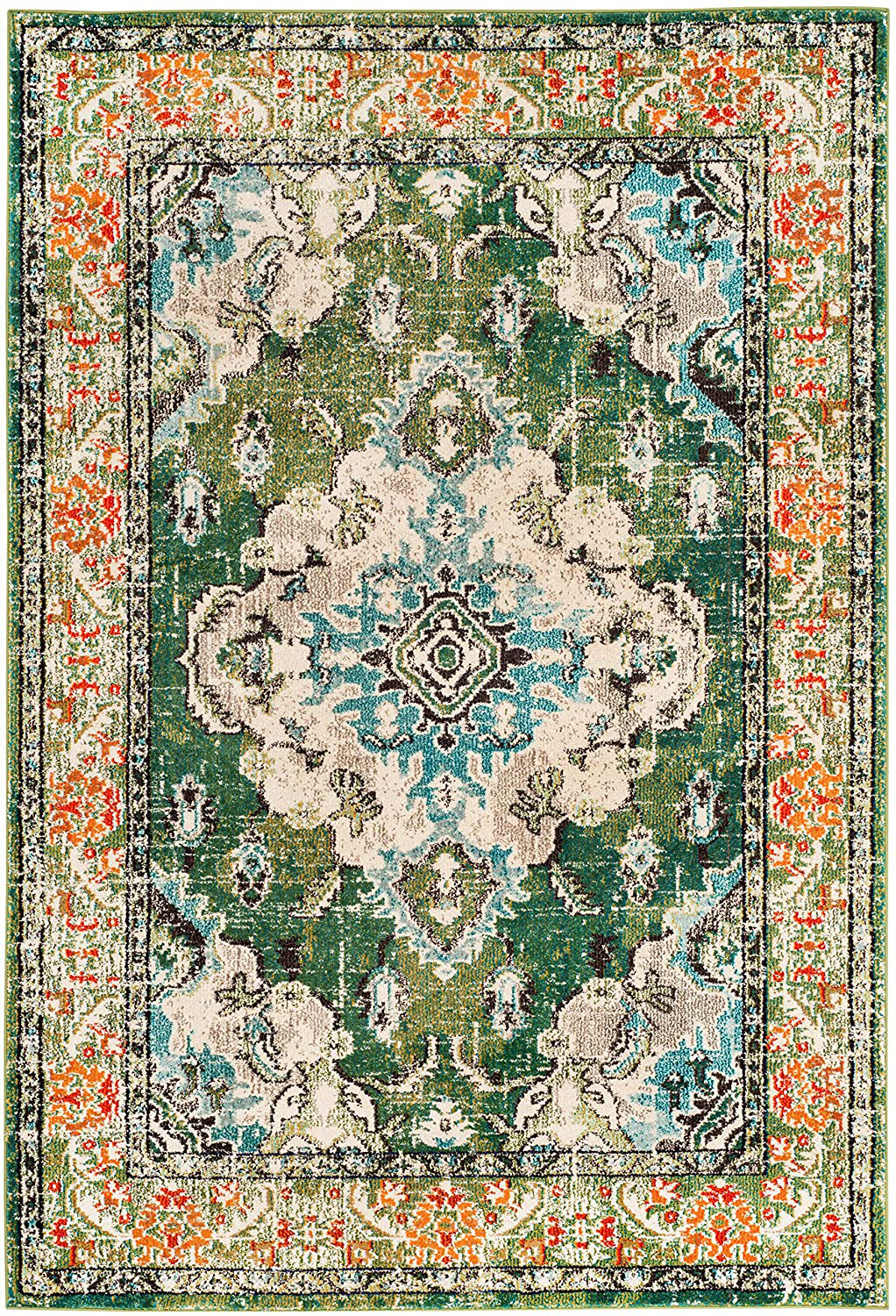 Safavieh Monaco Collection MNC243F Boho Chic Medallion Distressed Non-Shedding Stain Resistant Living Room Bedroom Runner, 2'2" x 8' , Forest Green / Light Blue