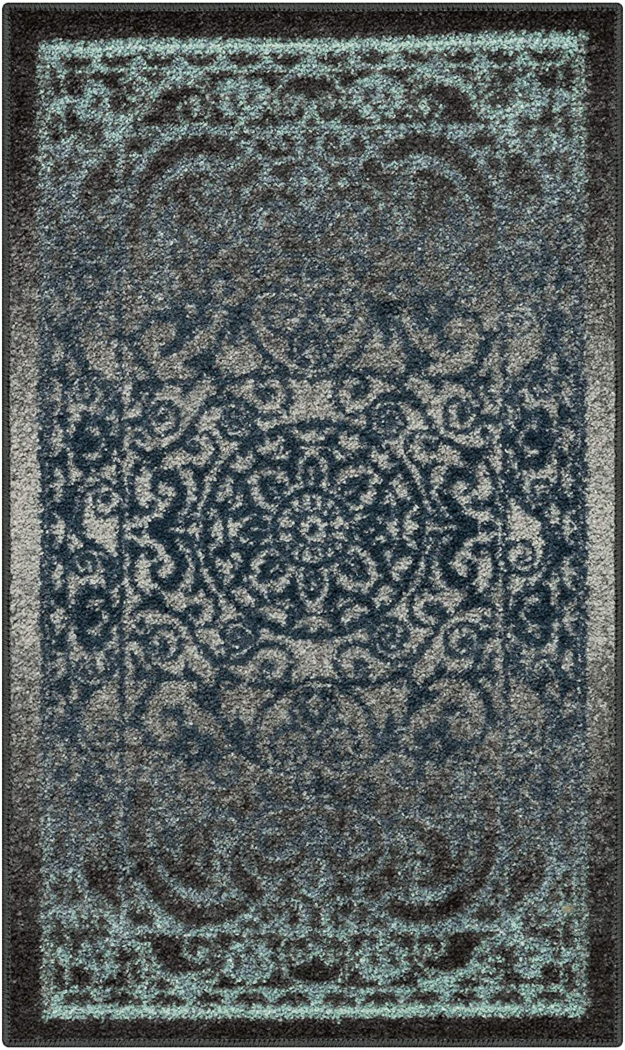 Maples Rugs Pelham Vintage Kitchen Rugs Non Skid Washable Accent Area Carpet [Made in USA], 1'8 x 2'10, Charcoal/Radiant Blue