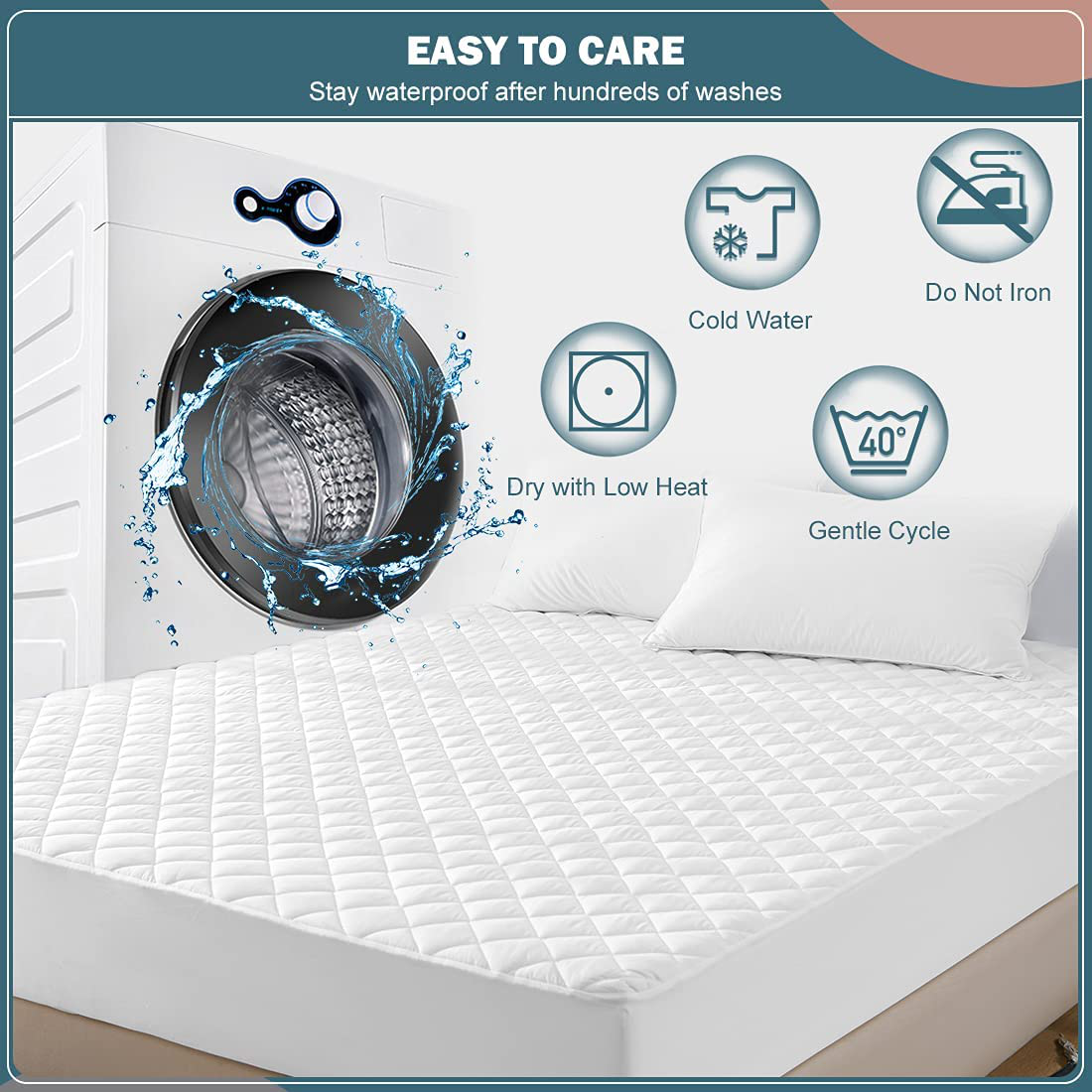 UNILIBRA 100% Waterproof Quilted Mattress Pad Twin Size, 6''-19'' Deep Pocket Fitted Mattress Protector Cover, Breathable, Hollow Cotton Alternative Filling Mattress Topper