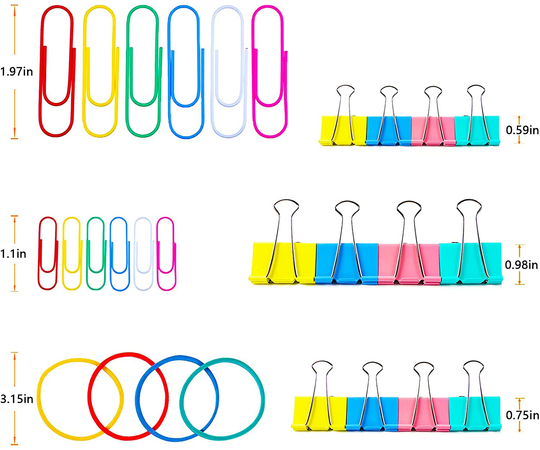Paper Clips Binder Clips, Colored Office Clips Set - Assorted Sizes Paperclips Paper Clamps Rubber Bands for Office and School Supplies, Document Organizing