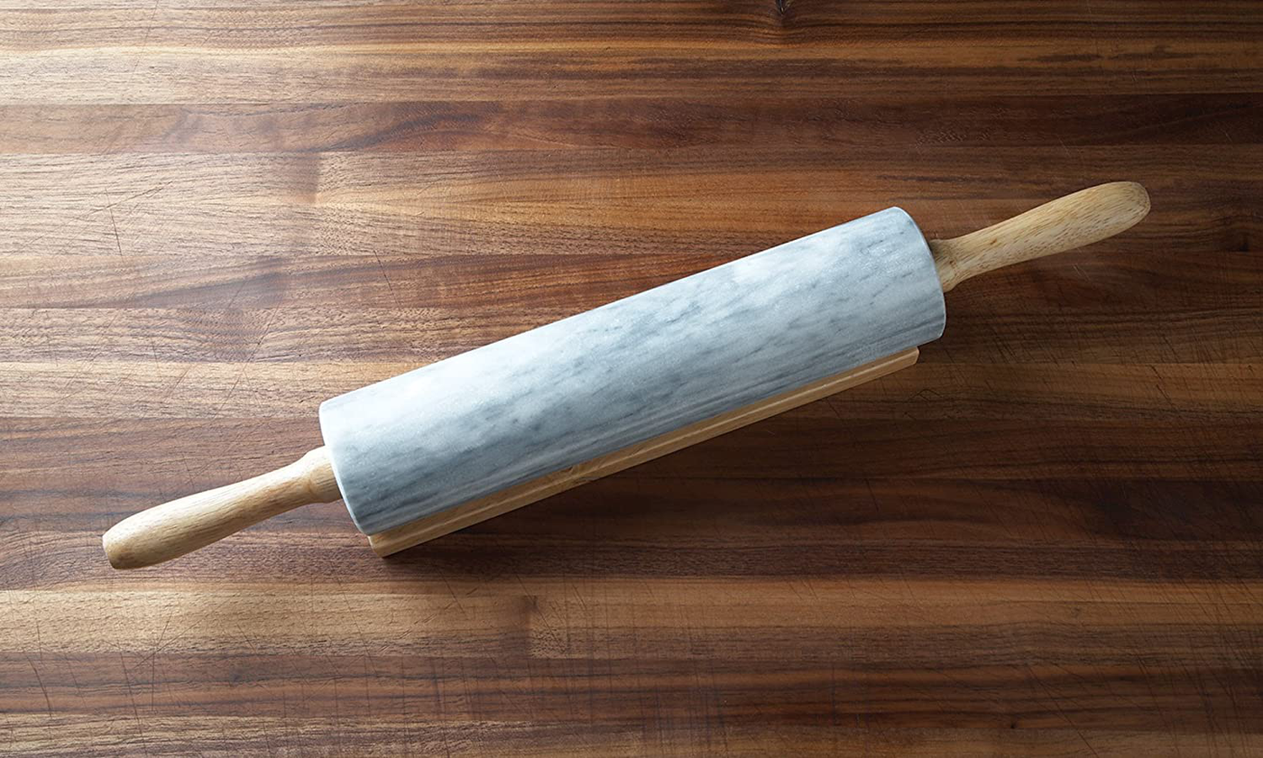 Fox Run Polished Marble Rolling Pin with Wooden Cradle, 10-Inch Barrel, White