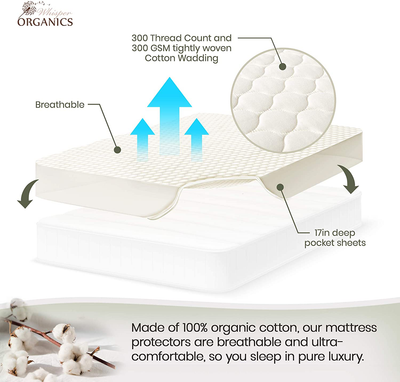 Whisper Organics 100% Organic Cotton Quilted Mattress Cover, 17" Deep - GOTS Certified (California King)
