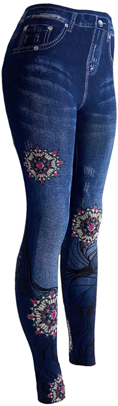 CLOYA Women's Denim Print Seamless Full Leggings for All Seasons - One Size Fits Large & X-Large