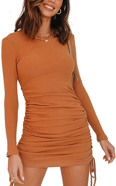 MiiVoo Women's Sexy Club Ruched Long Sleeve Drawstring Mini Bodycon Dress