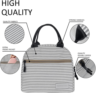 KONNITIHA Lunch Bag Reusable Large Insulated，Adult Tote Box with Two Pockets For Woman Man Work，Office，School, Picnic or Travel (Black strips)