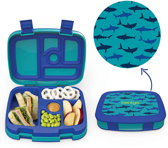 Bentgo Kids Prints (Sharks) - Leak-Proof, 5-Compartment Bento-Style Kids Lunch Box - Ideal Portion Sizes for Ages 3 to 7 - BPA-Free and Food-Safe Materials