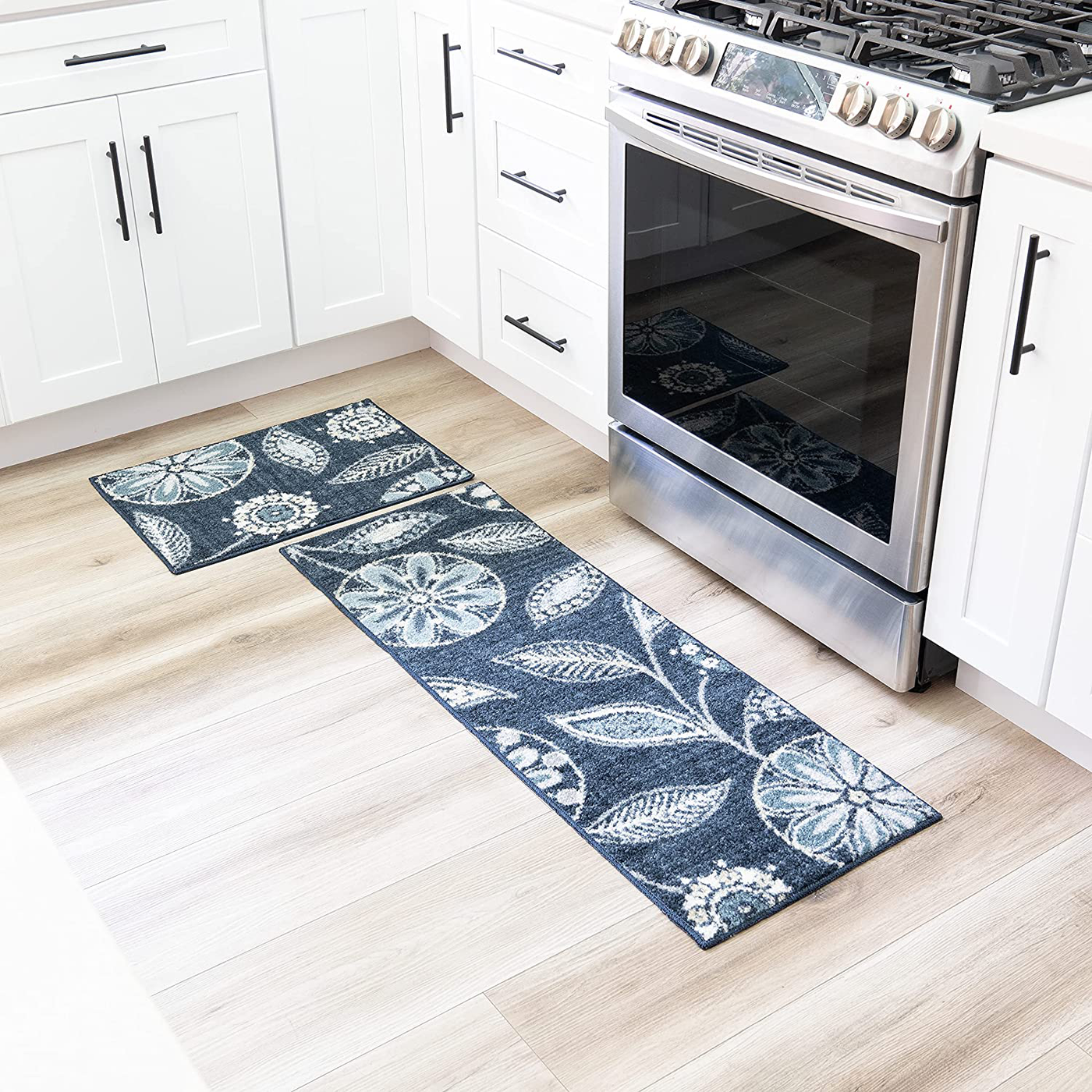 Maples Rugs Reggie Floral Non Skid 2pc Kitchen Rugs Set [Made in USA] Washable Floor Mat for Under Sink, Entryway, and Laundry Multi, 2pc Set, Persian Blue