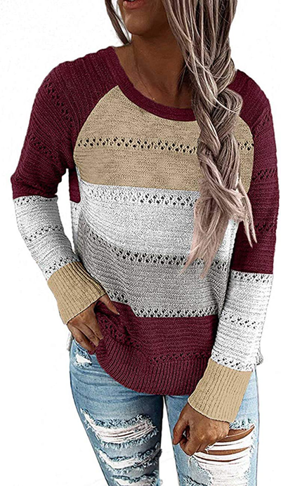 MAYFASEY Women's Color Block Striped Hoodies Sweater Long Sleeve Casual Loose Knitted Pullover Sweatshirt Tops