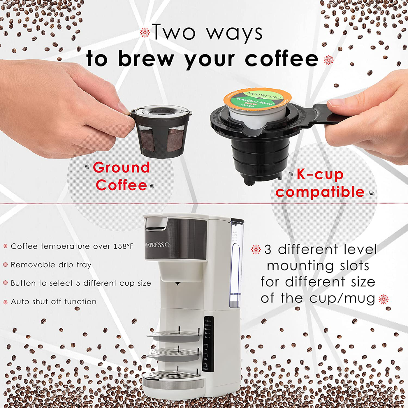 Mixpresso Single Serve 2 in 1 Coffee Brewer K-Cup Pods Compatible & Ground Coffee,Compact Coffee Maker Single Serve With 30 oz Detachable Reservoir, 5 Brew Size and Adjustable Drip Tray (Black)