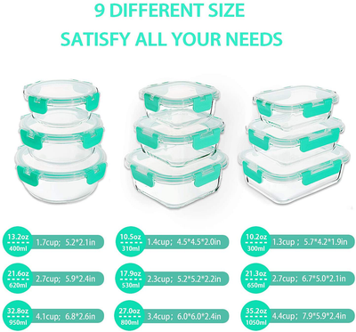 Bayco Glass Food Storage Containers with Lids, [18 Piece] Glass Meal Prep Containers, Airtight Glass Lunch Bento Boxes, BPA-Free & Leak Proof (9 lids & 9 Containers) - White