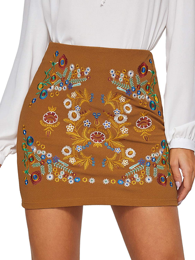 SheIn Women's Casual Floral Embroidered Bodycon Short Mini Skirt