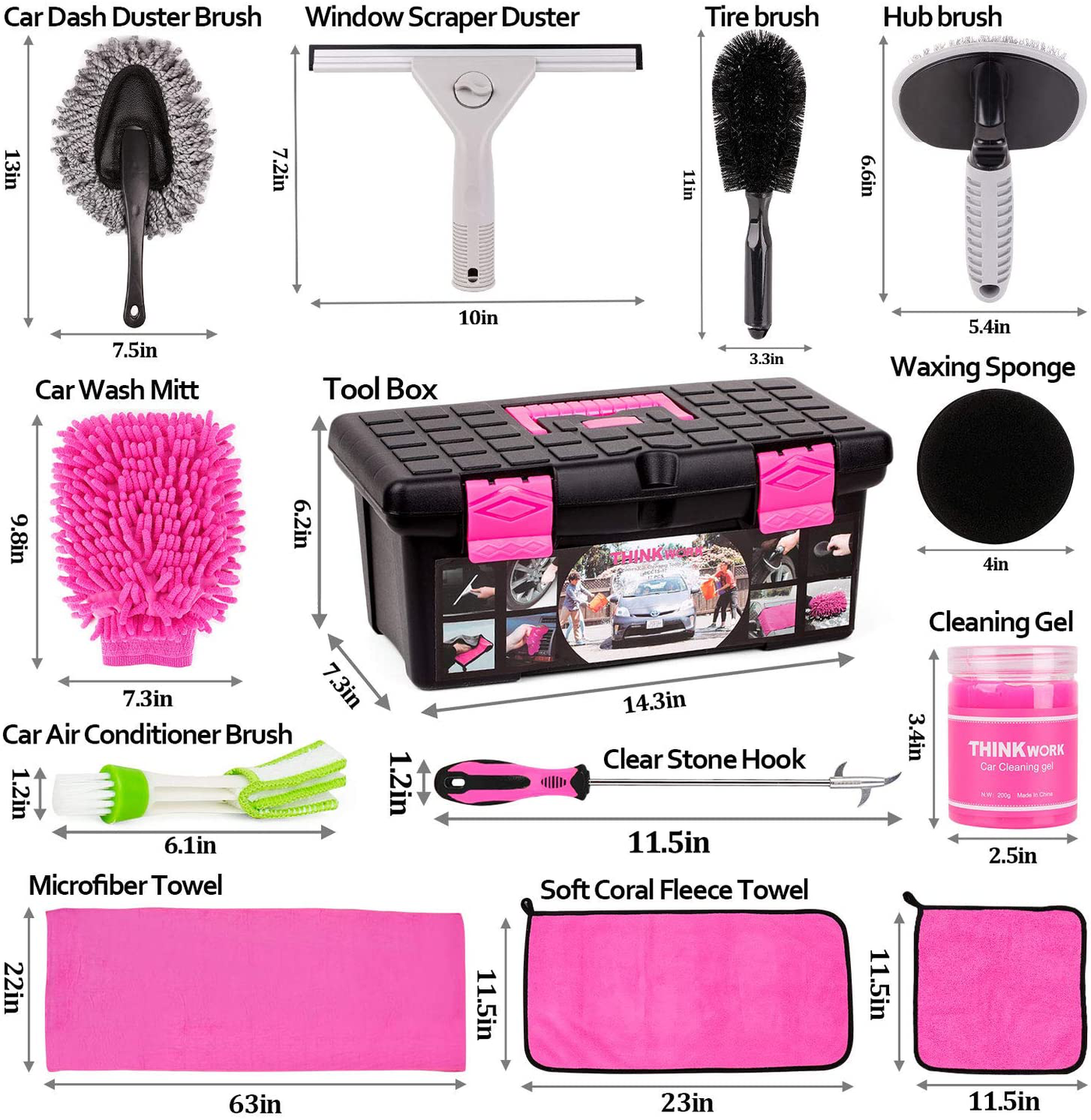 Car Wash Kit, Pink Car Cleaning Kit Interior and Exterior, Car Accessories for Women - Cleaning Gel, Microfiber Cleaning Cloth, Car Wash Mitt, Duster, Squeegee, Microfiber Wax Applicator(17pcs)