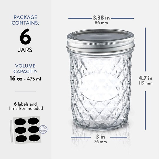 Quilted Wide Mouth Glass Mason Jars - 16-Ounce (6-Pack) Canning Jars with Lids and Bands, Chalkboard Labels, for Canning, Preserving, Pickling, Meal Prep, Jam, Jelly, Overnight Oats, Dishwasher Safe