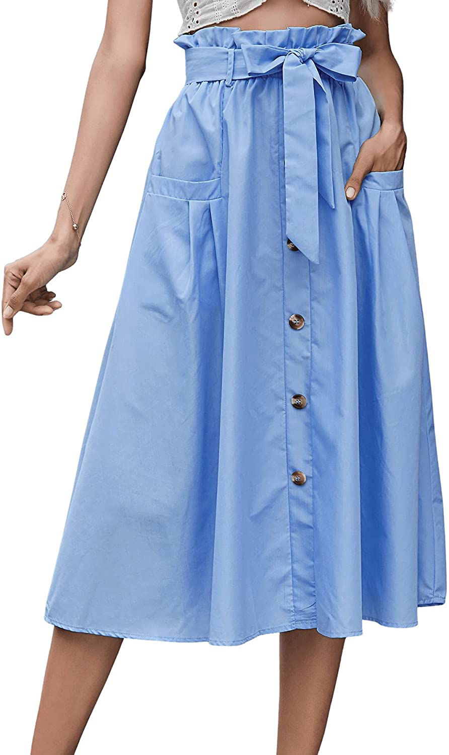 SweatyRocks Women's Casual High Waist Pleated A-Line Midi Skirt with Pocket