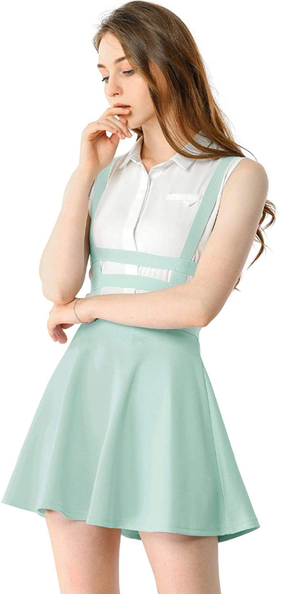 Allegra K Women's Pleated A-Line Elastic Waist Kawaii Braces Mini Suspender Skirt