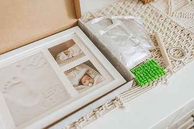 Baby Handprint & Footprint Keepsake Photo Frame Kit - Personzalize it w/ Free Stencil! Non-Toxic Clay, Wall/Table Wood Picture Frame. Perfect Registry, Baby Shower, New Mom, Birthday & Newborn Gift!