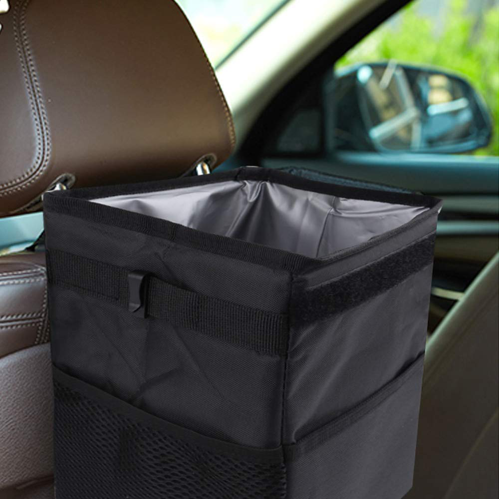 Car Trash Bag Automotive Garbage Can with Lid,Foldable Vehicle Trash Bin Container for Car with Storage Pockets,Waterproof & Leak-Proof,Black
