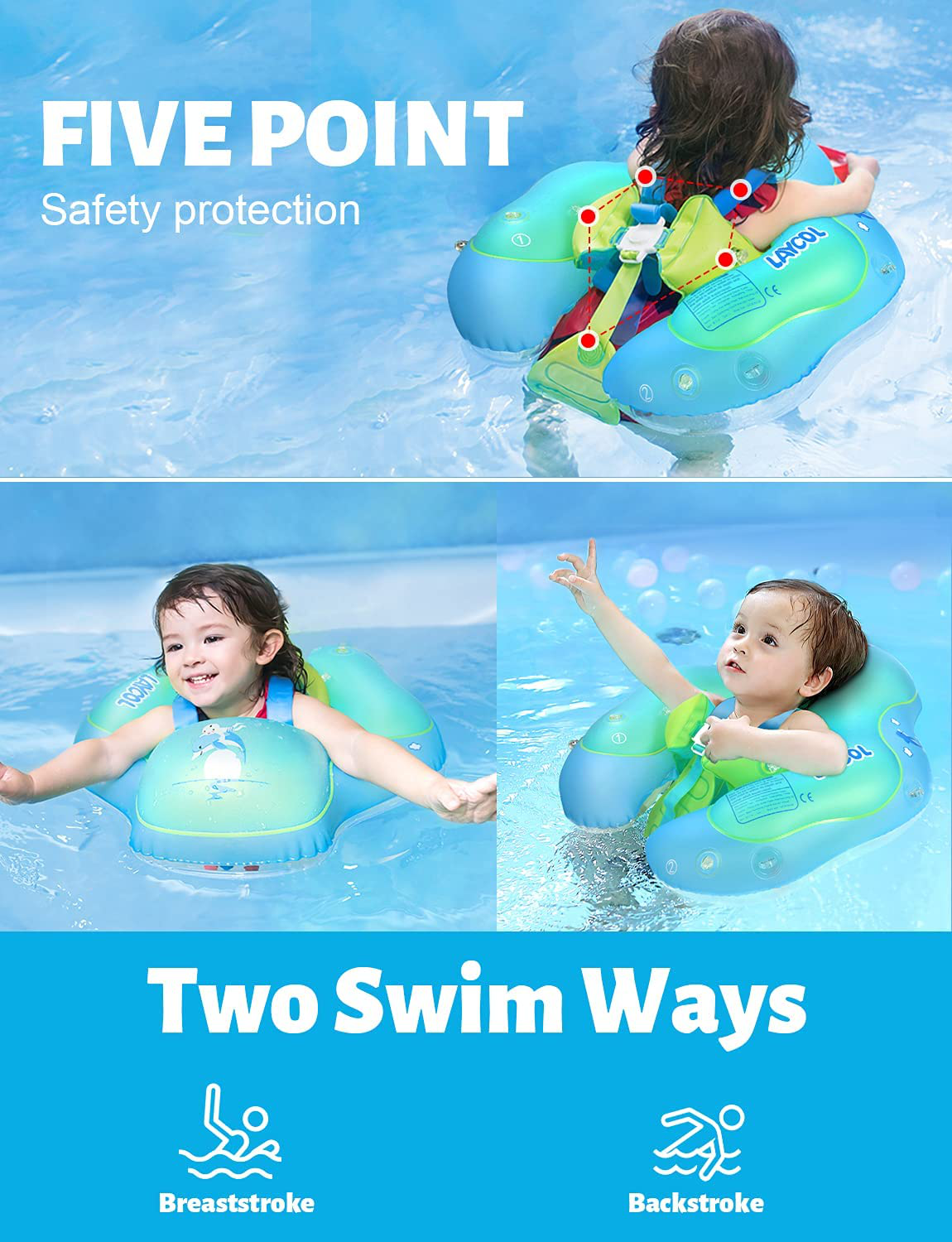 LAYCOL Baby Swimming Float Inflatable Baby Pool Float Ring Newest with Sun Protection Canopy,add Tail no flip Over for Age of 3-36 Months