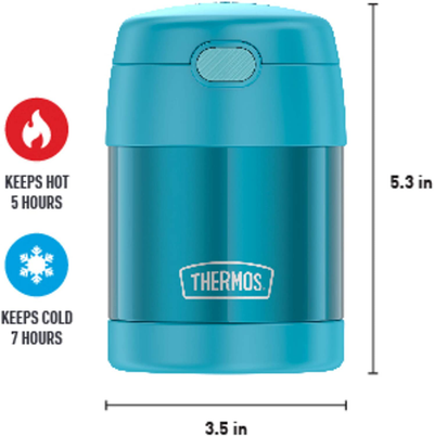 THERMOS FUNTAINER 10 Ounce Stainless Steel Vacuum Insulated Kids Food Jar with Folding Spoon, Grey And Aqua Waves