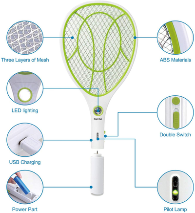 Night Cat Bug Zapper Racket Electric Fly Swatter Racquet Electronic Mosquito Killer with USB Charging LED Lighting Double Layer Protection Detachable Handle